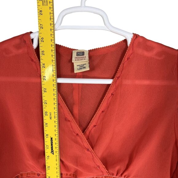 Y2K 90s Babydoll Top Womens L Red Chiffon Blouse 3/4 Bell Sleeve Sheer Ruffle - Picture 10 of 15